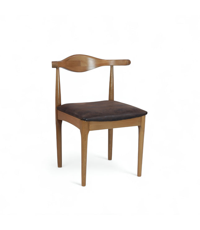 Mid-century modern wooden dining chair with sculpted backrest and brown leather seat cushion — ideal for vintage-inspired interiors, dining rooms, and boutique cafes.