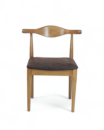 Mid-century modern wooden dining chair with sculpted backrest and brown leather seat cushion — ideal for vintage-inspired interiors, dining rooms, and boutique cafes.