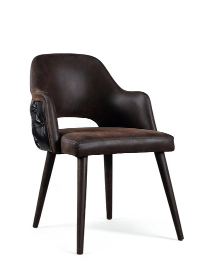 Modern ergonomic accent chair with eco brown leather curved backrest, integrated armrests, and black angled legs