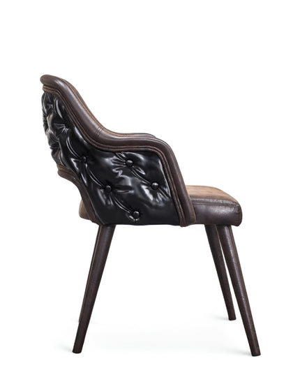 Modern ergonomic accent chair with eco brown leather curved backrest, integrated armrests, and black angled legs