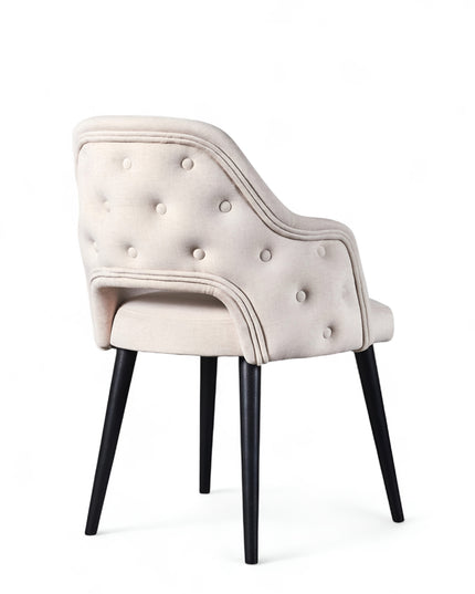 Modern ergonomic accent chair with white ivory curved backrest, integrated armrests, and black angled legs