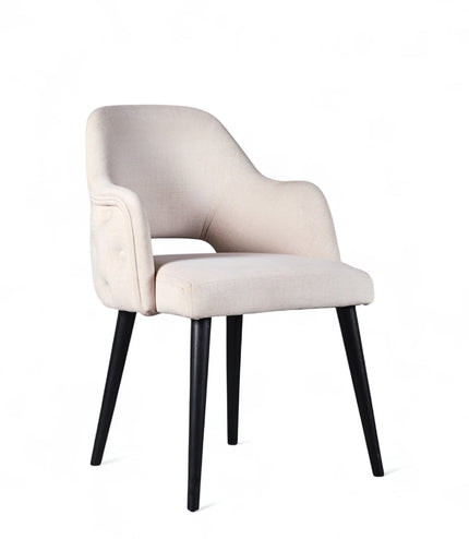 Modern ergonomic accent chair with white ivory curved backrest, integrated armrests, and black angled legs