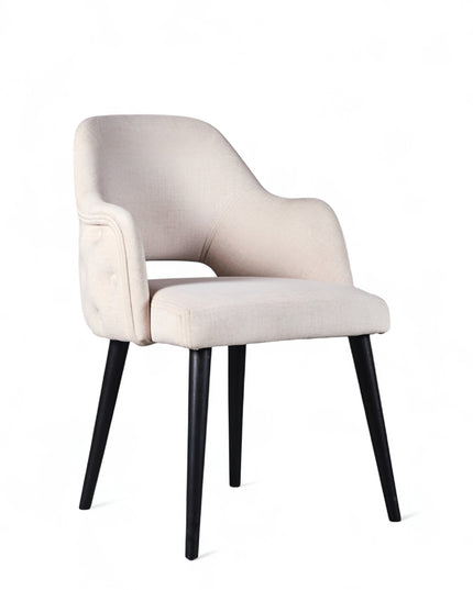 Modern ergonomic accent chair with white ivory curved backrest, integrated armrests, and black angled legs