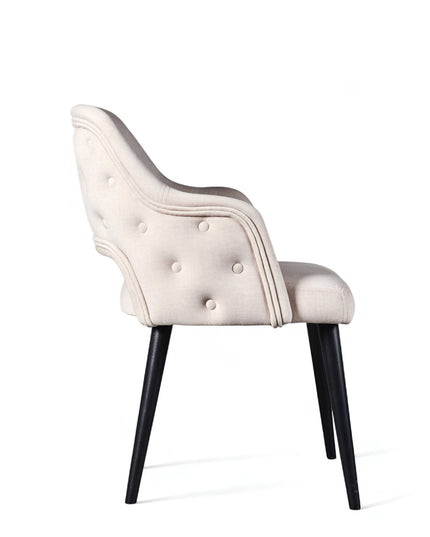 Modern ergonomic accent chair with white ivory curved backrest, integrated armrests, and black angled legs