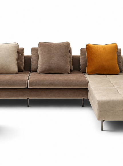 Amberley L-shaped sectional sofa with chaise and matching mustard Barrel Luxe ottoman, styled with coordinating cushions and a brushed brass base.