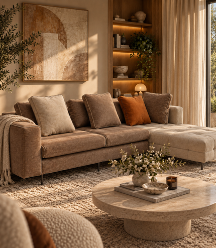 Amberley modern L-shaped sectional sofa with chaise lounge, neutral beige and taupe upholstery, amber accent cushion, included back cushions and slim metal legs.