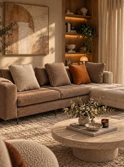 Amberley modern L-shaped sectional sofa with chaise lounge, neutral beige and taupe upholstery, amber accent cushion, included back cushions and slim metal legs.