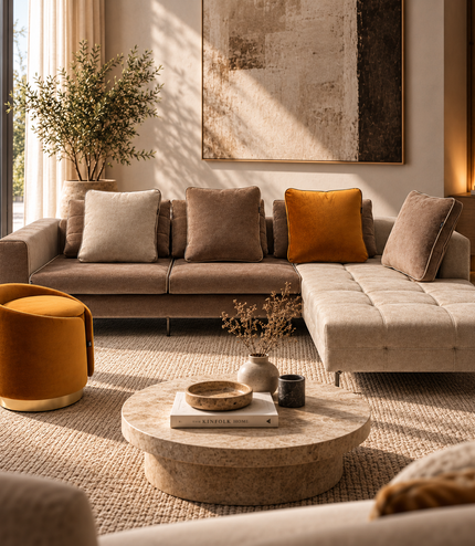 Amberley L-shaped sectional sofa with chaise and matching mustard Barrel Luxe ottoman, styled with coordinating cushions and a brushed brass base.