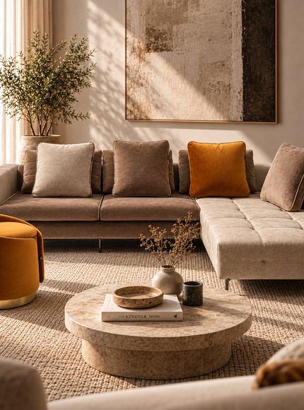 Amberley L-shaped sectional sofa with chaise and matching mustard Barrel Luxe ottoman, styled with coordinating cushions and a brushed brass base.