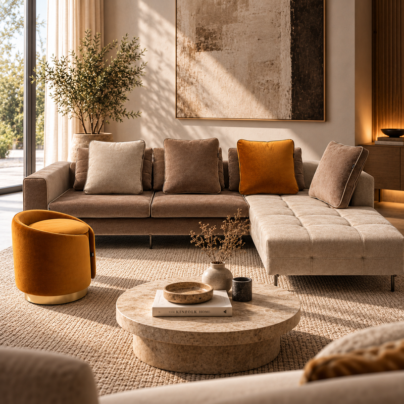 Amberley L-shaped sectional sofa with chaise and matching mustard Barrel Luxe ottoman, styled with coordinating cushions and a brushed brass base.