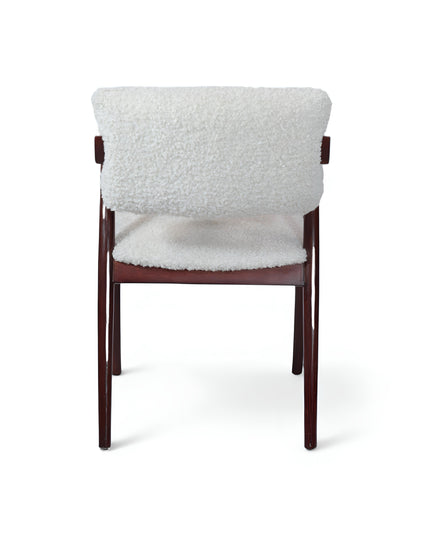 Mid-century modern accent chair featuring an angular dark wood frame and plush white bouclé upholstery on the seat and backrest, perfect for living rooms, reading corners, or contemporary lounge spaces.