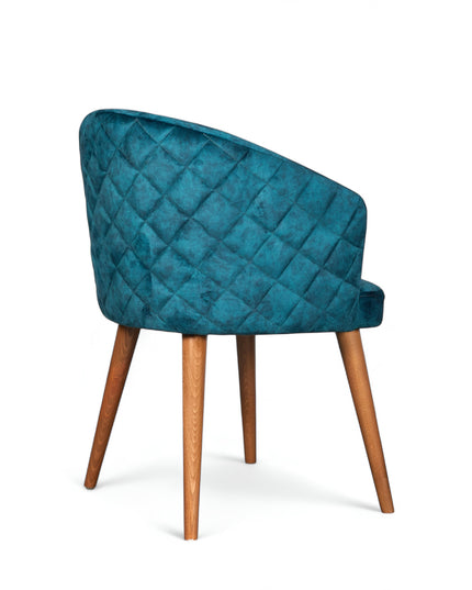 Curved barrel-back blue chair with nailhead trim and four wooden legs