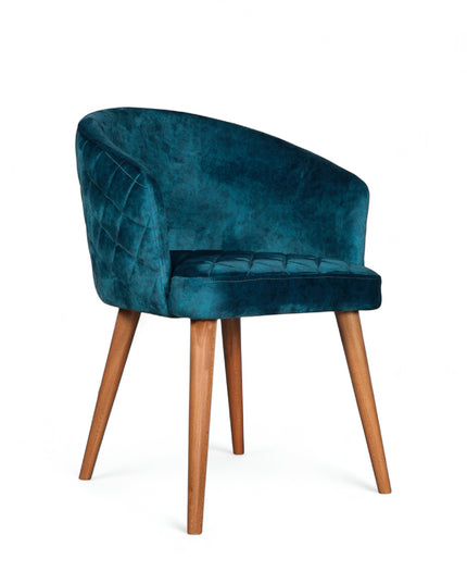 Curved barrel-back blue chair with nailhead trim and four wooden legs