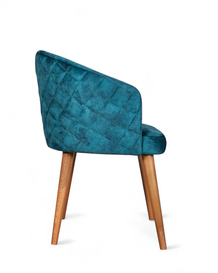 Curved barrel-back blue chair with nailhead trim and four wooden legs