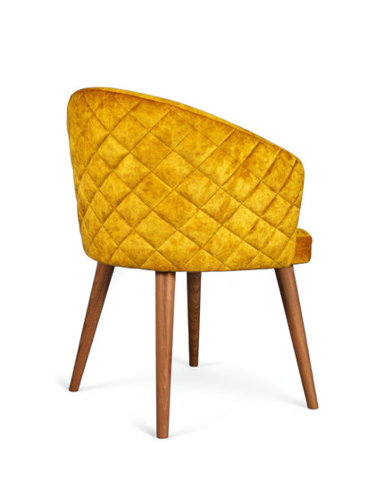 Curved barrel-back mustard chair with nailhead trim and four wooden legs