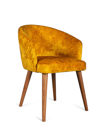 Curved barrel-back mustard chair with nailhead trim and four wooden legs