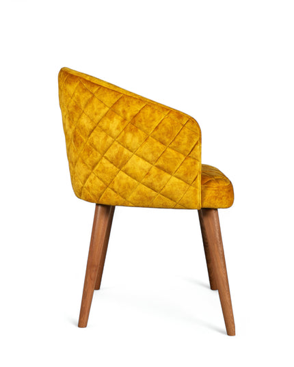 Curved barrel-back mustard chair with nailhead trim and four wooden legs