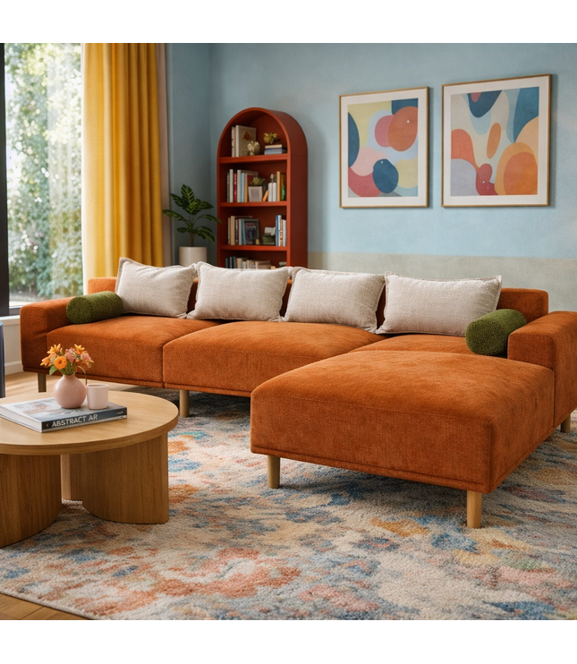 Orange sectional sofa in a living room with colorful abstract art on the wall.