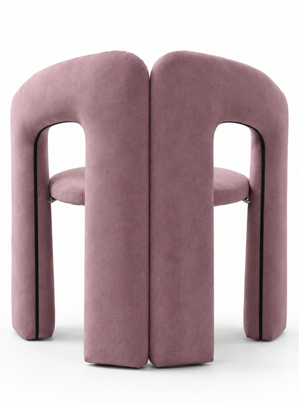 A modern lilac velvet dining chair with a unique split backrest and wide block legs, shown from the back on a white background.