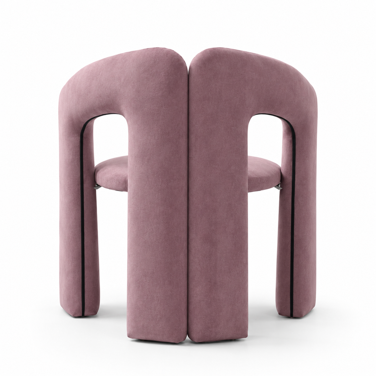 A modern lilac velvet dining chair with a unique split backrest and wide block legs, shown from the back on a white background.