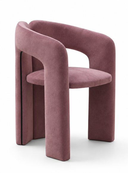 A modern lilac velvet dining chair with a unique split backrest and wide block legs, shown from the front side on a white background.