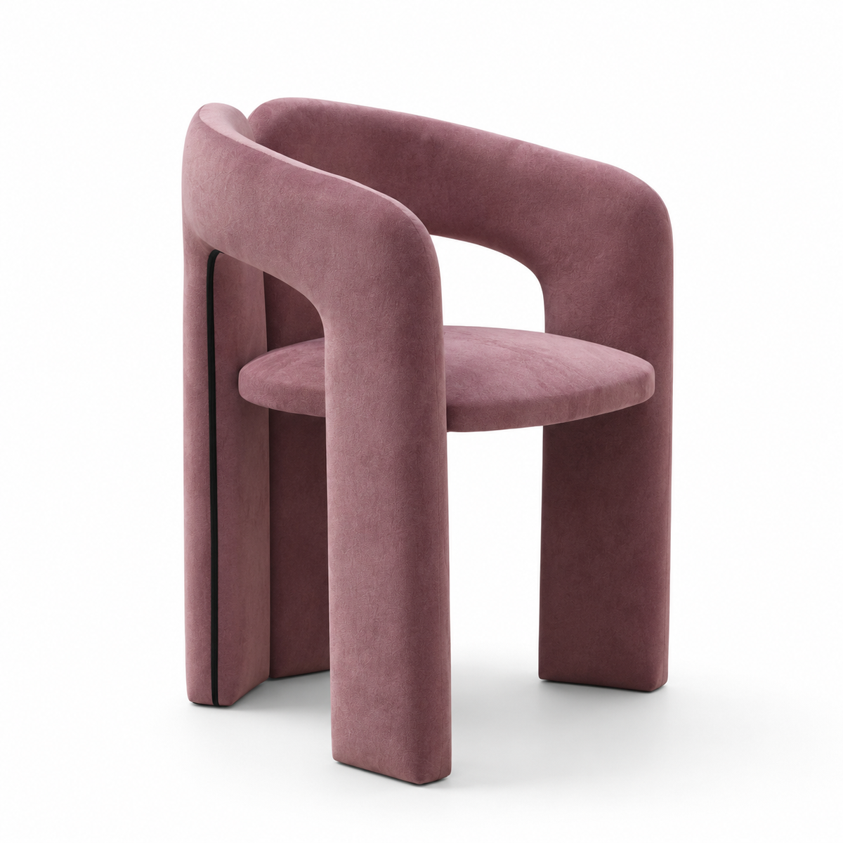 A modern lilac velvet dining chair with a unique split backrest and wide block legs, shown from the front side on a white background.