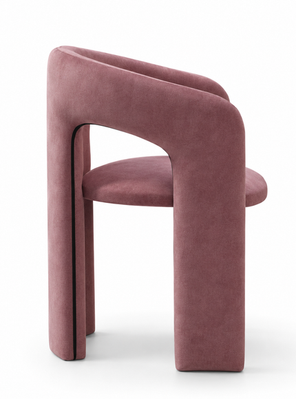 A modern lilac velvet dining chair with a unique split backrest and wide block legs, shown from the side on a white background.