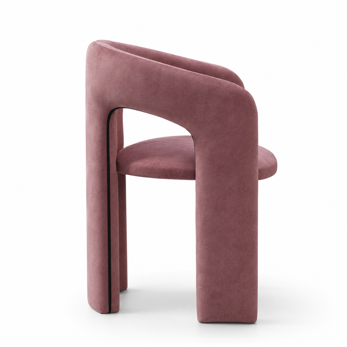 A modern lilac velvet dining chair with a unique split backrest and wide block legs, shown from the side on a white background.