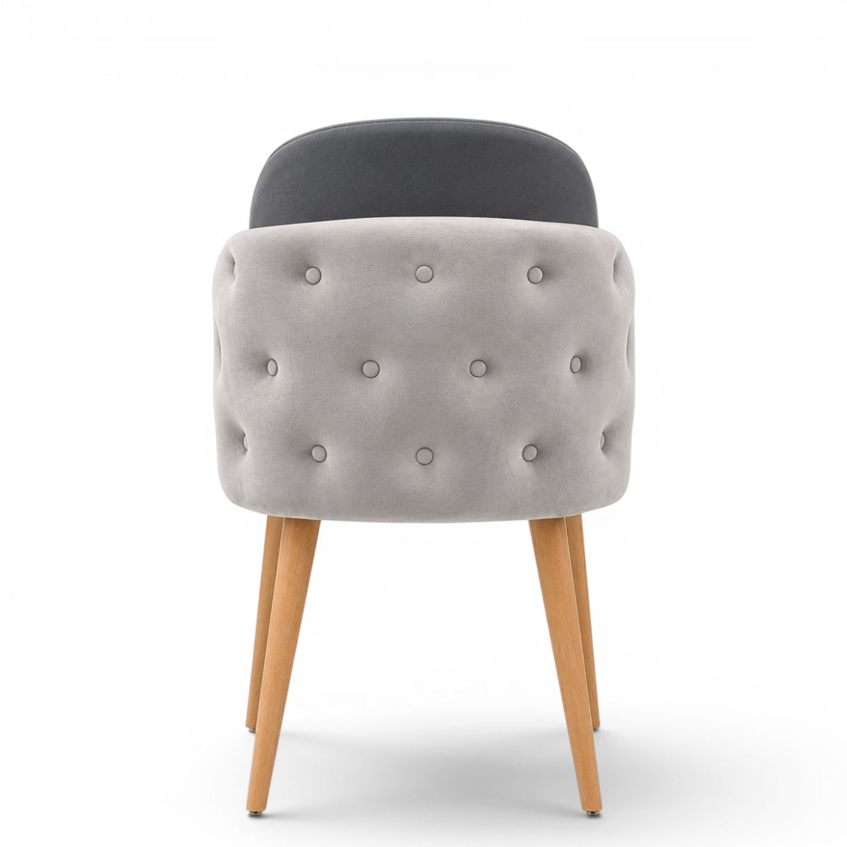 A modern gray upholstered dining chair with a tufted button backrest, nailhead trim, and tapered light wood legs, shown on a white background.