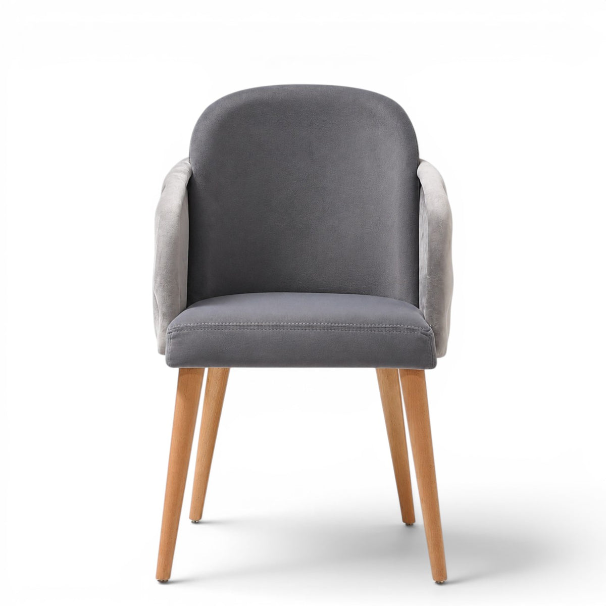 A modern gray upholstered dining chair with a tufted button backrest, nailhead trim, and tapered light wood legs, shown on a white background.