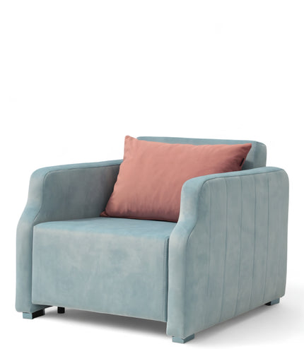 Contemporary blue lounge chair with a pull-out sleeper function and a soft pink accent pillow, featuring plush upholstery and modern lines—ideal for small spaces or guest rooms.