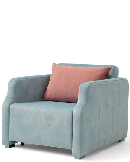 Contemporary blue lounge chair with a pull-out sleeper function and a soft pink accent pillow, featuring plush upholstery and modern lines—ideal for small spaces or guest rooms.