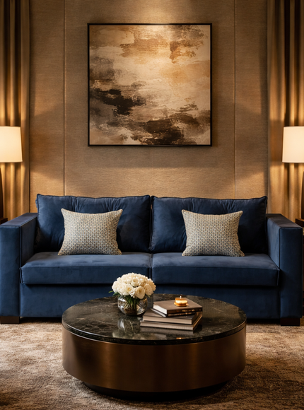 Blue couch staged in a dim lighted hotel room
