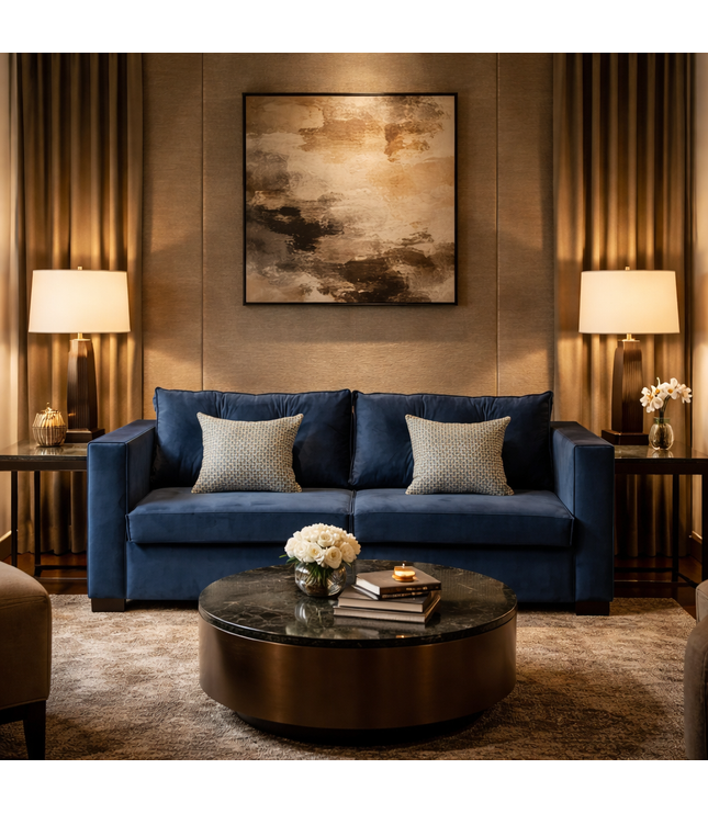 Blue couch staged in a dim lighted hotel room
