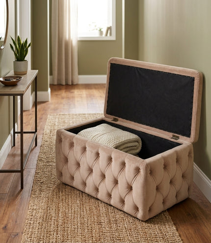 A tufted storage ottoman in a warm beige velvet fabric, shown open with a folded cream blanket inside. It is placed on a woven jute rug in a hallway with wood floors, a side table, and olive green walls.