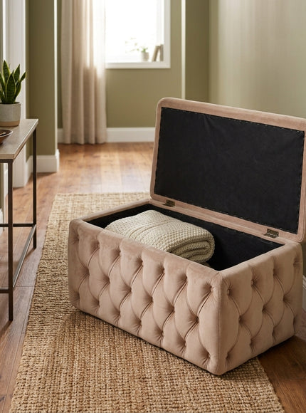 A tufted storage ottoman in a warm beige velvet fabric, shown open with a folded cream blanket inside. It is placed on a woven jute rug in a hallway with wood floors, a side table, and olive green walls.