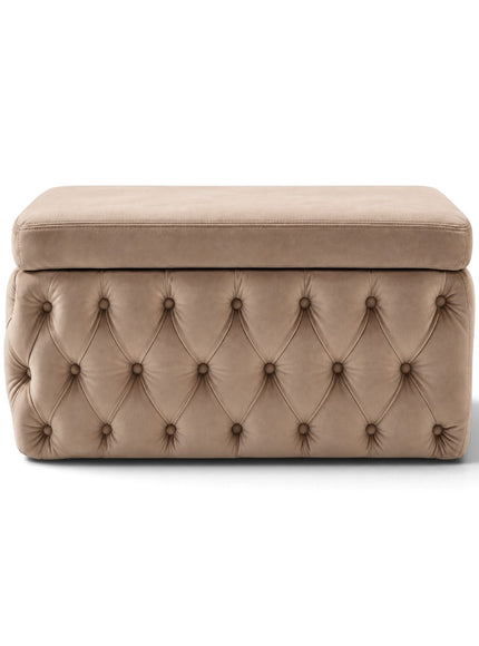 Banc upholstered storage bench and matching Pouf tufted ottoman footrest by Vaya Home