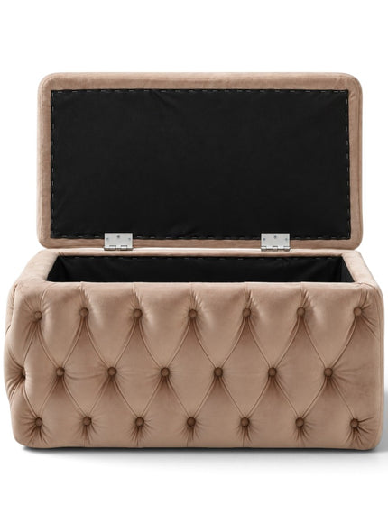 Banc upholstered storage bench and matching Pouf tufted ottoman footrest by Vaya Home