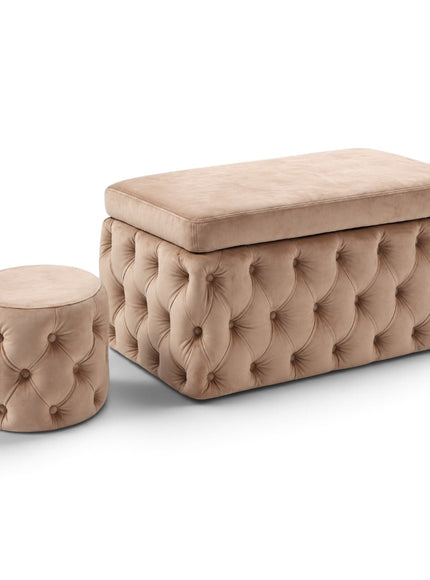 Banc upholstered storage bench and matching Pouf tufted ottoman footrest by Vaya Home