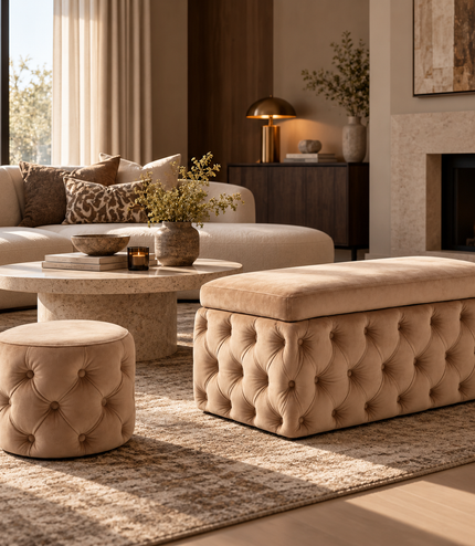 Ottoman and storage bench staged in a living room