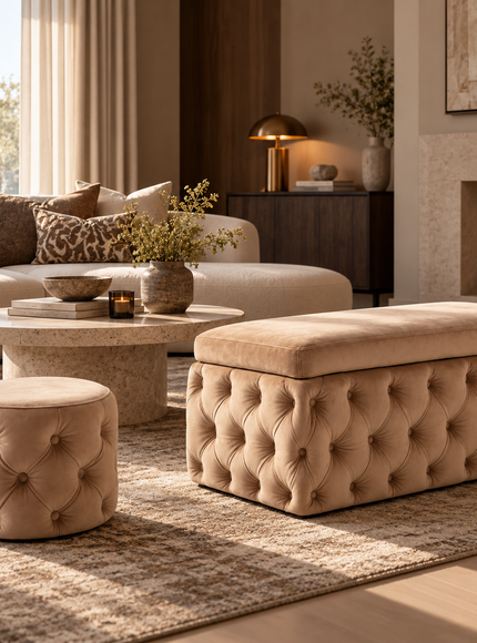 Ottoman and storage bench staged in a living room