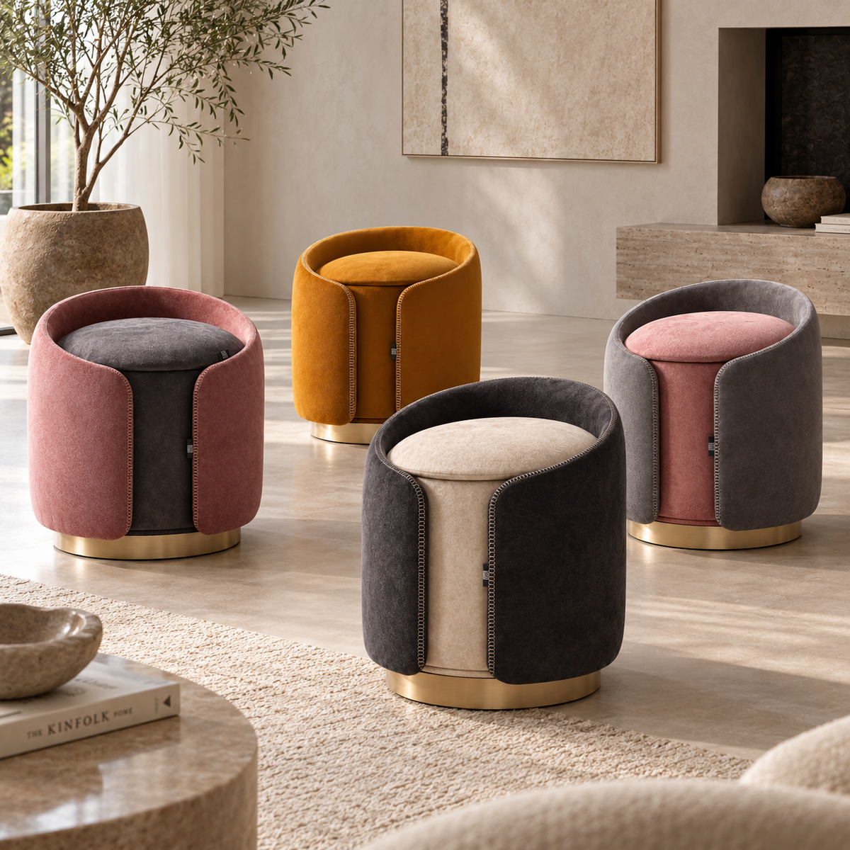 Four modern velvet barrel ottomans with curved side panels and round gold-tone bases are arranged in a bright, neutral-toned living room. The stools come in color combinations of dusty pink and dark gray, mustard yellow and dark brown, and light beige and dark gray.