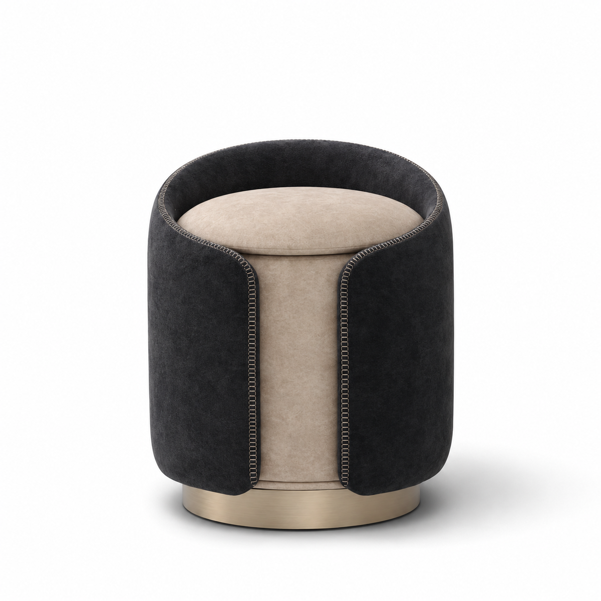 A modern cylindrical ottoman stool with a dark charcoal gray velvet outer sleeve, a light beige velvet seat cushion, and a brushed gold metal base, shown on a white background.
