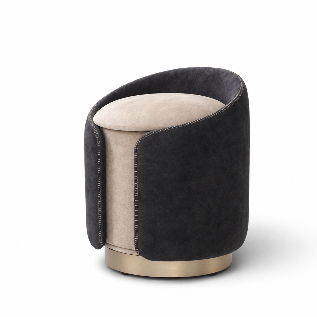 A modern cylindrical ottoman stool with a dark charcoal gray velvet outer sleeve, a light beige velvet seat cushion, and a brushed gold metal base, shown on a white background.