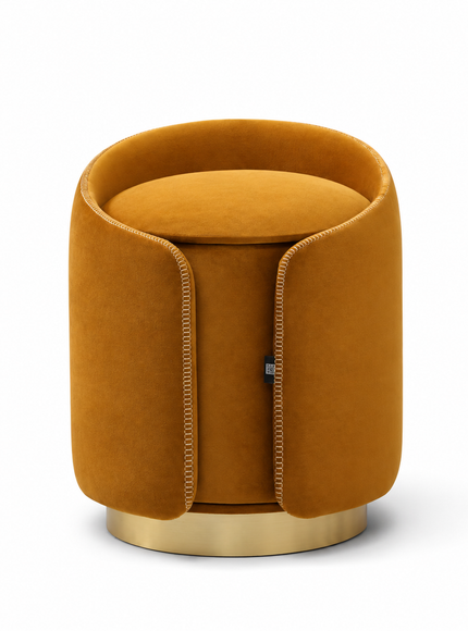 Amberley L-shaped sectional sofa with chaise and matching mustard Barrel Luxe ottoman, styled with coordinating cushions and a brushed brass base.