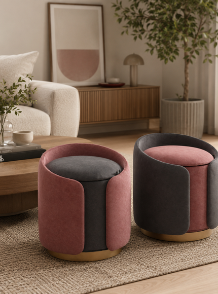 Two modern velvet ottomans with rounded cylindrical shapes in dusty pink and dark gray, featuring gold-toned wooden bases, styled in a warm, contemporary living room setting.