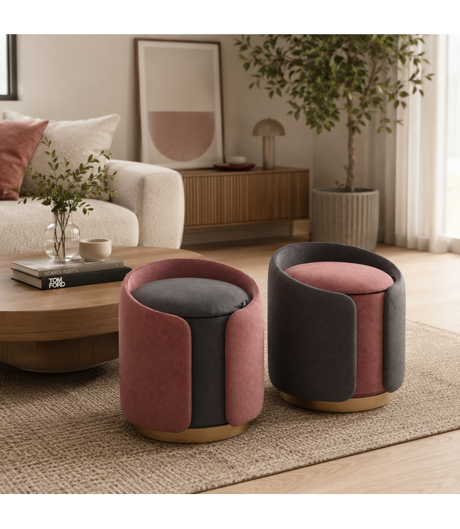 Two modern velvet ottomans with rounded cylindrical shapes in dusty pink and dark gray, featuring gold-toned wooden bases, styled in a warm, contemporary living room setting.