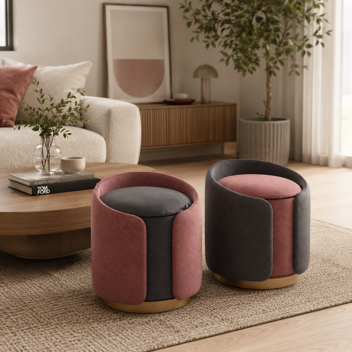 Two modern velvet ottomans with rounded cylindrical shapes in dusty pink and dark gray, featuring gold-toned wooden bases, styled in a warm, contemporary living room setting.