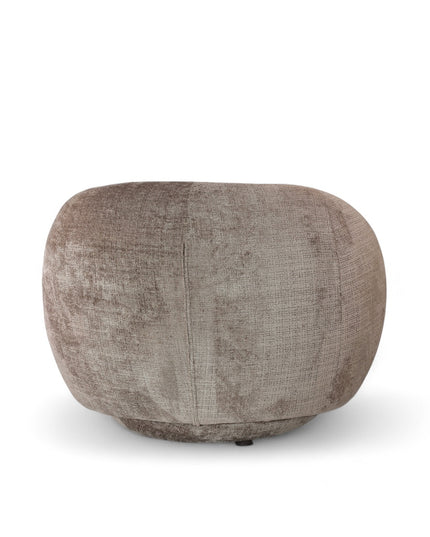 Beige embossed Cloud Armchair with a rounded, armless design and swivel base, offering a plush, sculptural look from front and angled views.