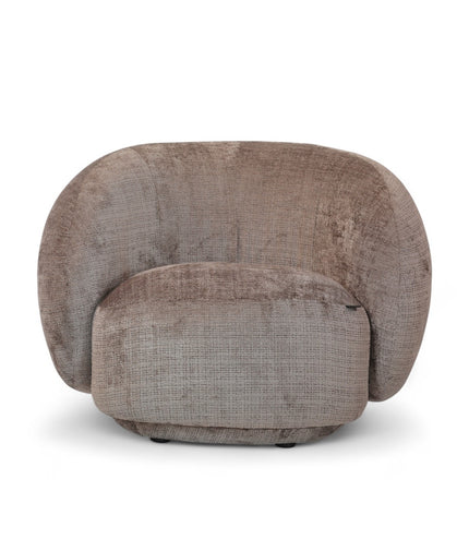 Beige embossed Cloud Armchair with a rounded, armless design and swivel base, offering a plush, sculptural look from front and angled views.